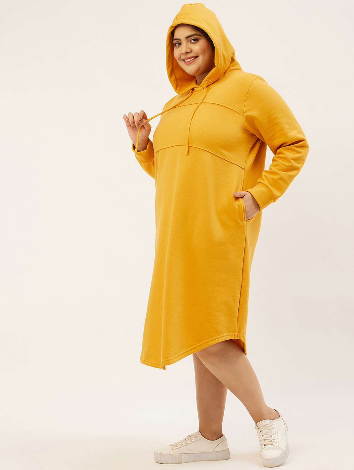 yellow solid a-line hooded dress - 19180701 -  Standard Image - 1