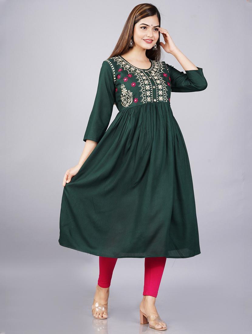 green embroidered flared kurta - 19180810 -  Standard Image - 1