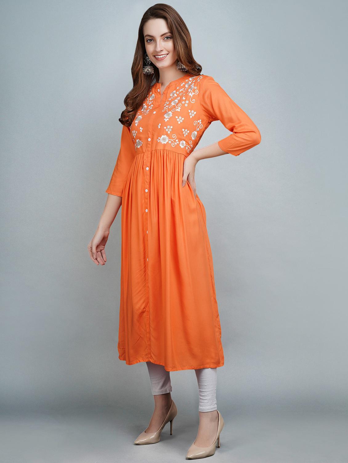 orange embroidered a-line kurta - 19182991 - Standard Image - 1