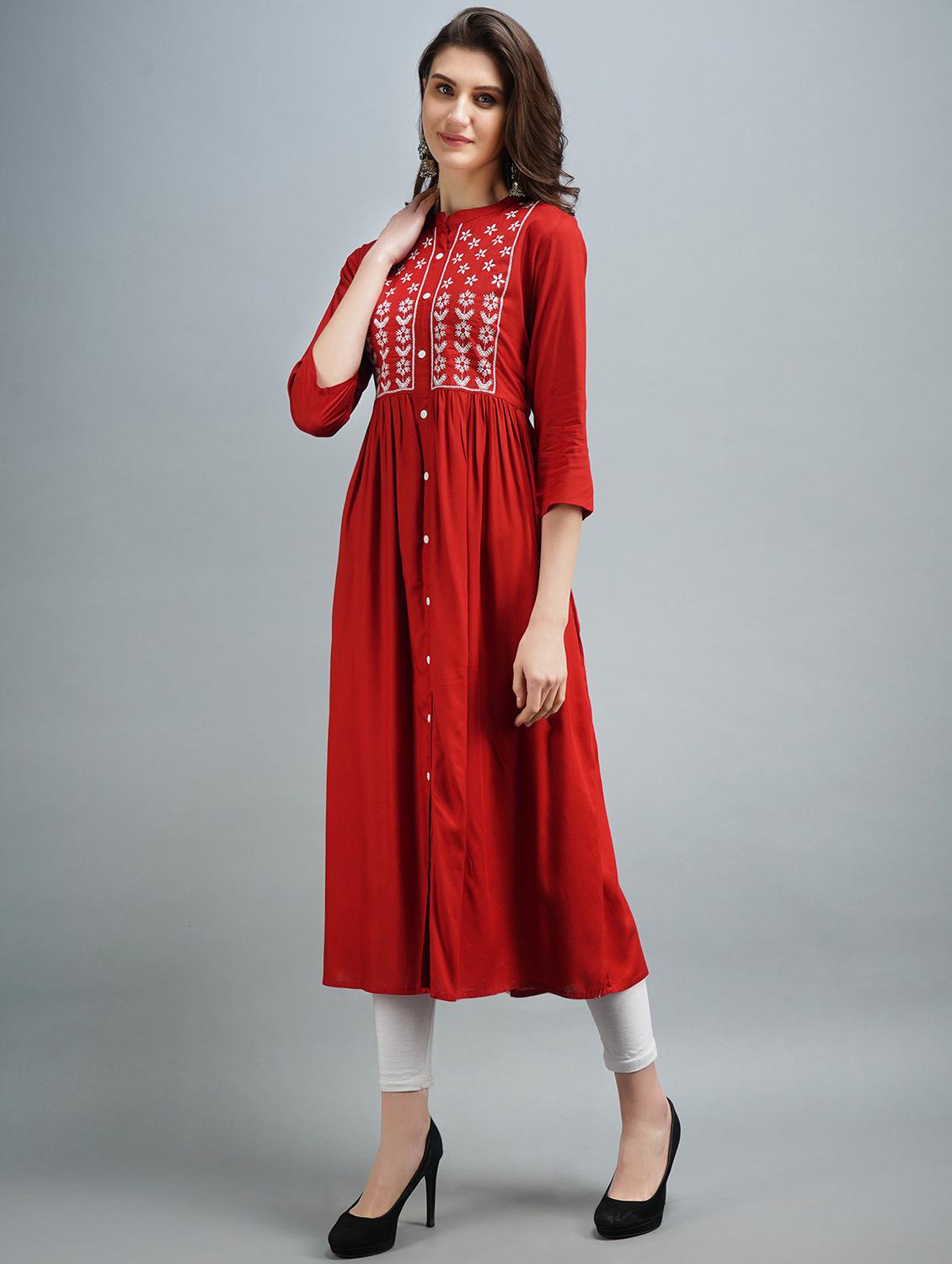 red embroidered a-line kurta - 19182992 -  Standard Image - 1