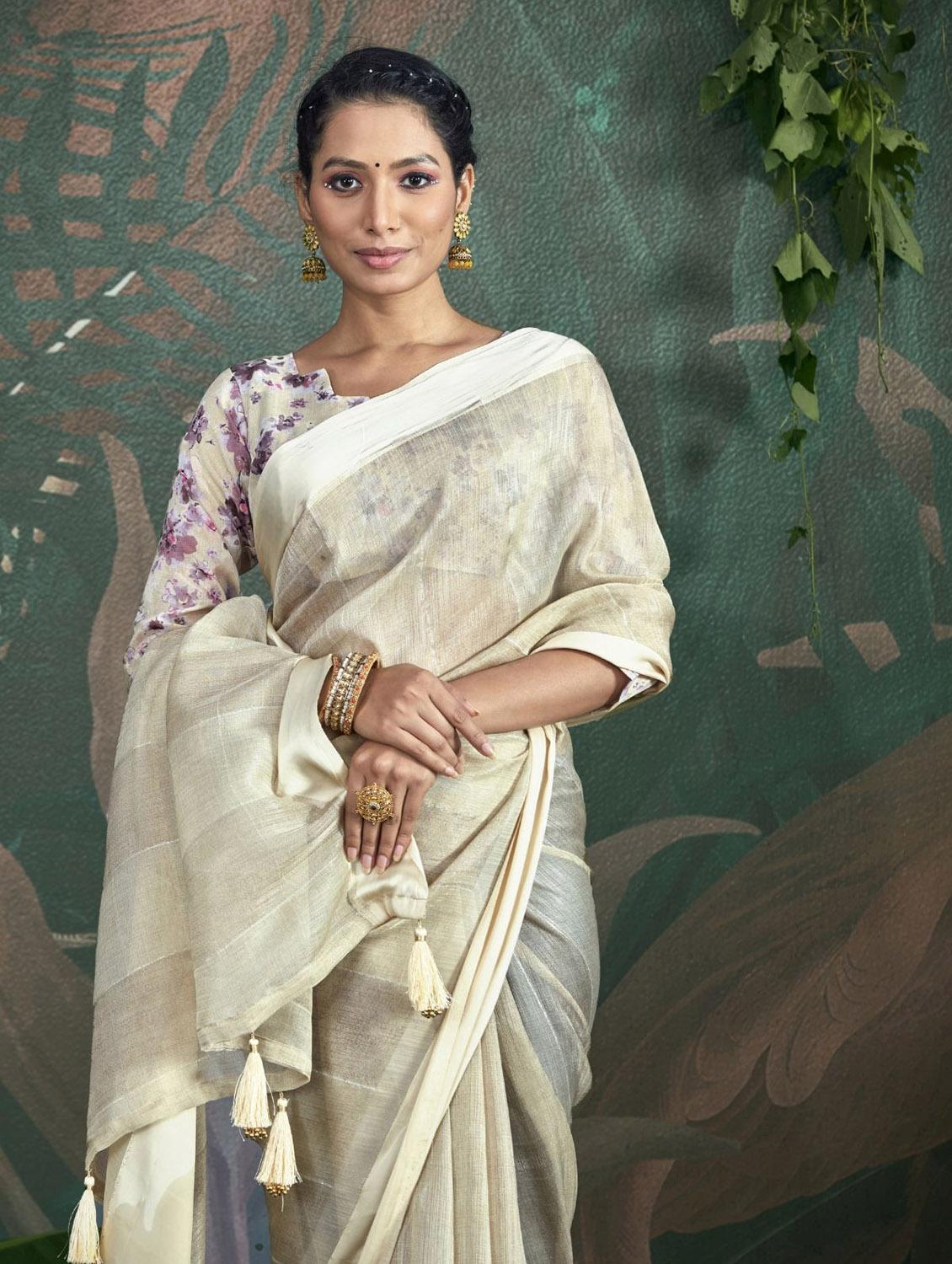 women's solid off white colored saree with blouse - 19183440 - Standard Image - 1