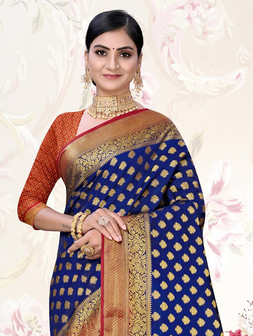 ethnic wear navy blue color saree set with blouse - 19184474 -  Standard Image - 1