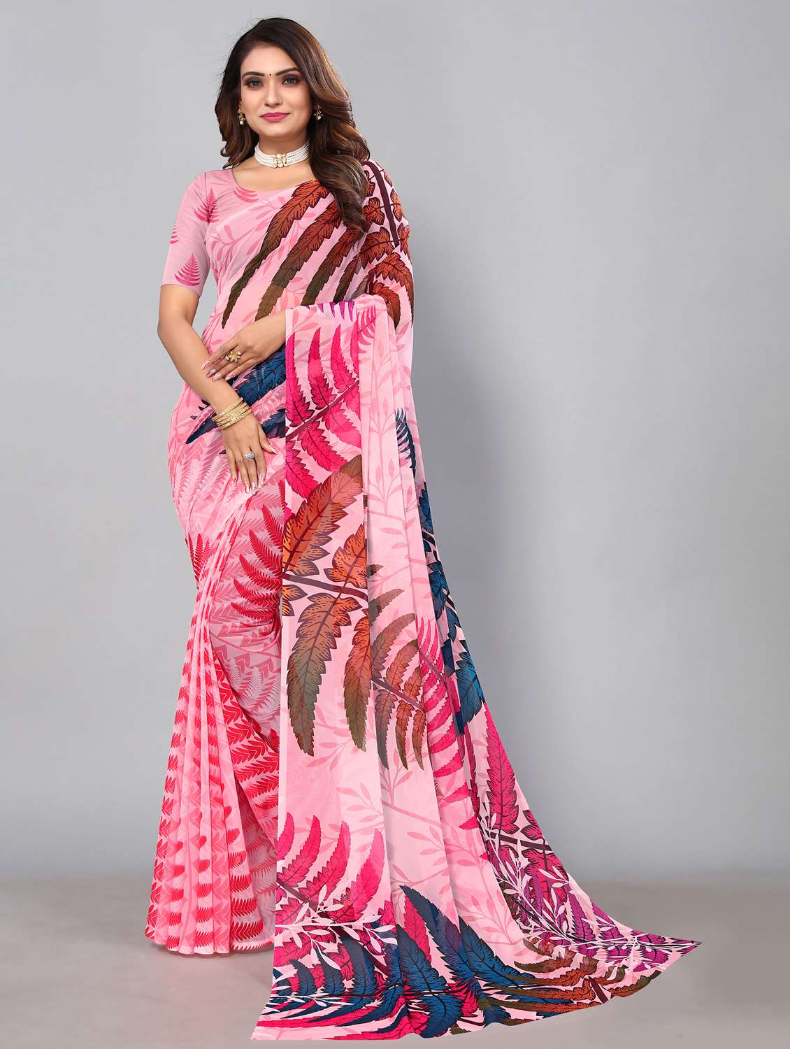 women's leaf print pink colored saree with blouse