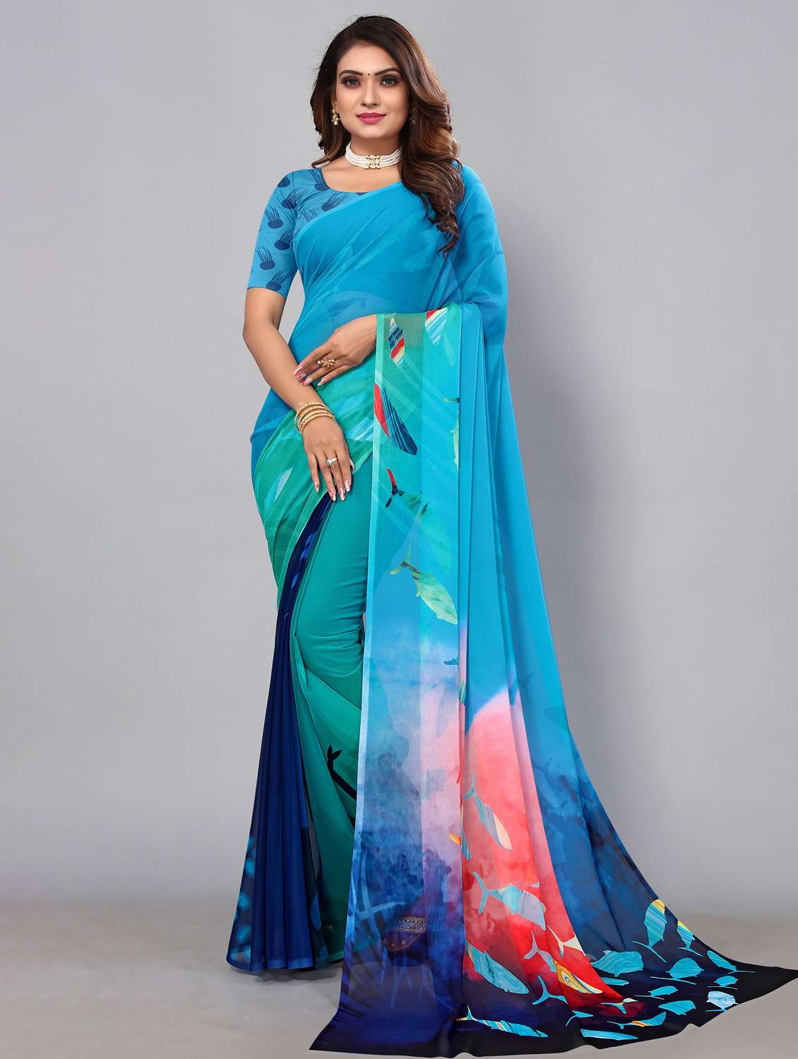 women's printed light blue colored saree with blouse