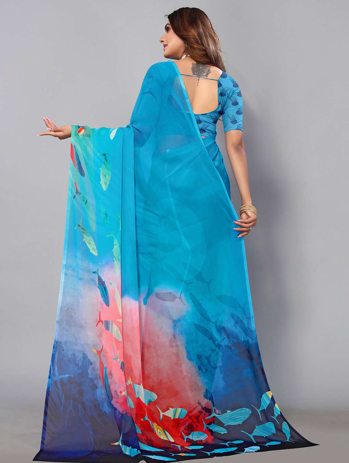 women's printed light blue colored saree with blouse - 19187812 -  Standard Image - 1