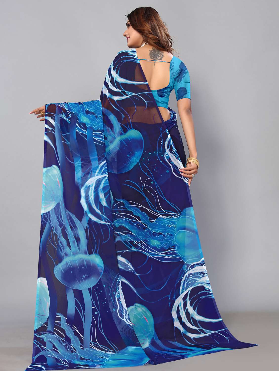 women's abstract dark blue colored saree with blouse - 19187813 -  Standard Image - 1