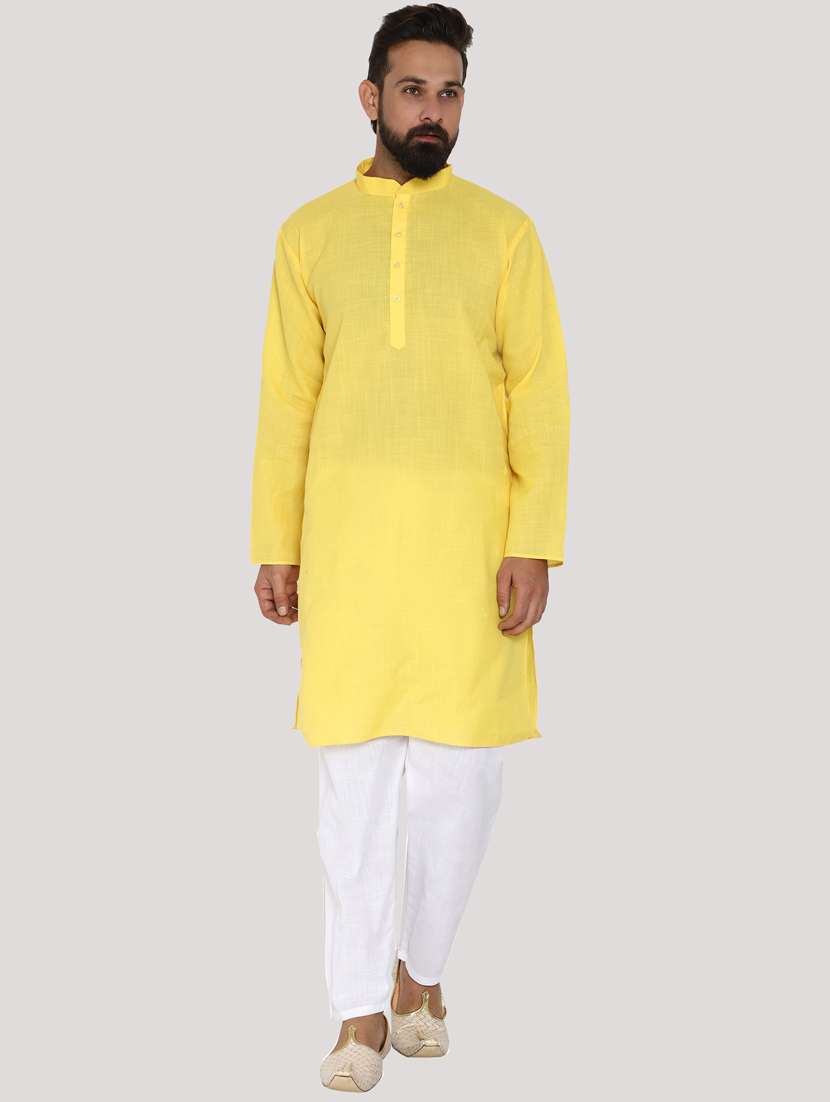 yellow cotton kurta pyjama ethnic wear set