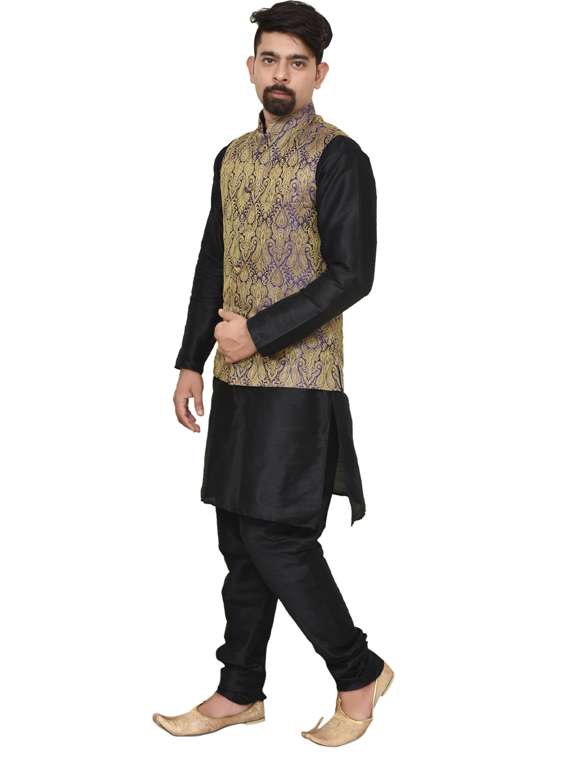 mandarin neck solid kurta pyjama with jacket  - 19187844 -  Standard Image - 1