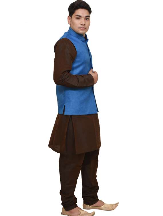 mandarin neck solid kurta pyjama with jacket  - 19187852 -  Standard Image - 1