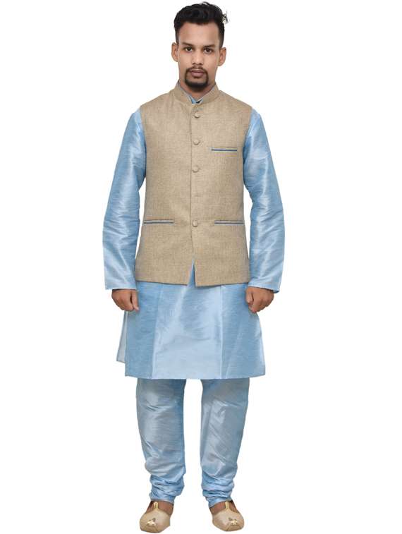 blue silk blend kurta pyjama with jacket ethnic wear set