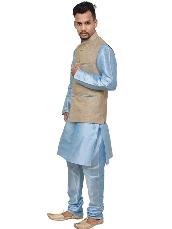 blue silk blend kurta pyjama with jacket ethnic wear set - 19187854 -  Standard Image - 1