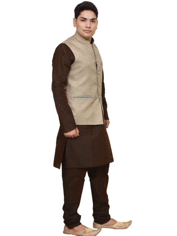 brown silk blend kurta pyjama with jacket ethnic wear set - 19187858 -  Standard Image - 1
