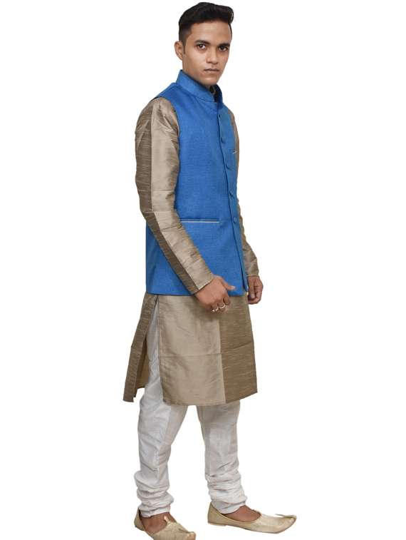 gold silk blend kurta pyjama with jacket ethnic wear set - 19187859 -  Standard Image - 1