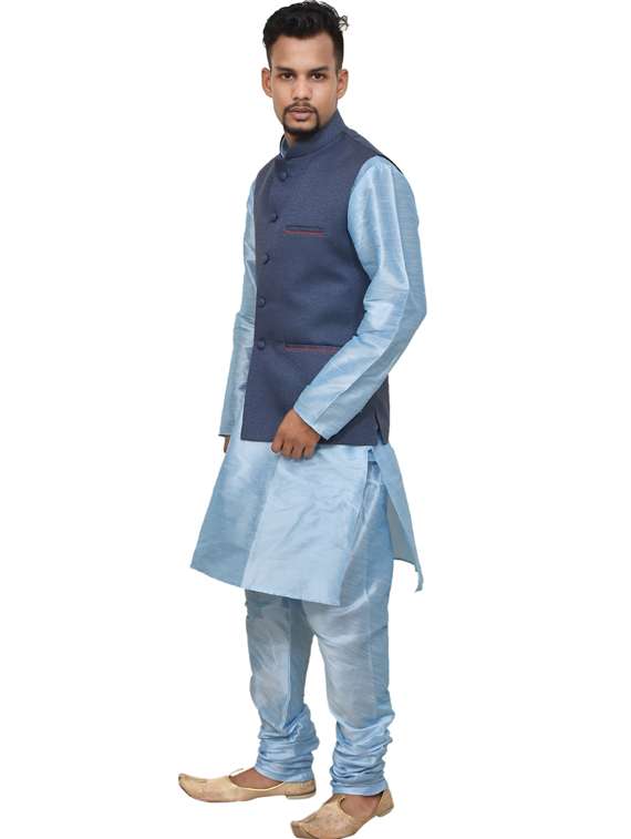blue silk blend kurta pyjama with jacket ethnic wear set - 19187860 -  Standard Image - 1