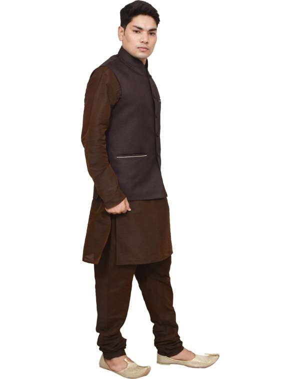 brown silk blend kurta pyjama with jacket ethnic wear set - 19187861 -  Standard Image - 1