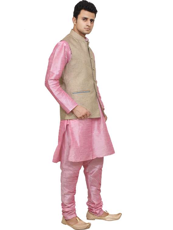 pink silk blend kurta pyjama with jacket ethnic wear set - 19187862 -  Standard Image - 1