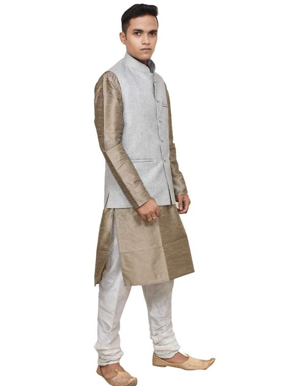gold silk blend kurta pyjama with jacket ethnic wear set - 19187863 - Standard Image - 1