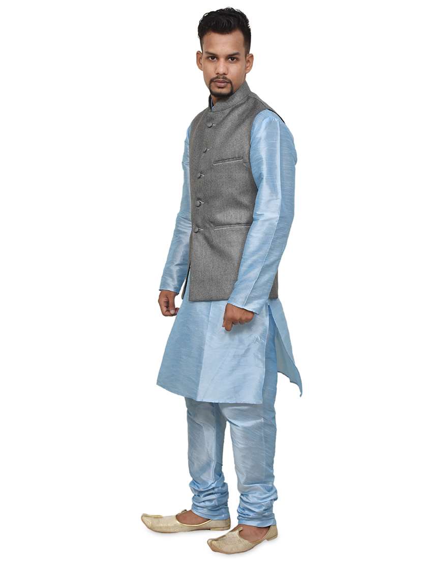 blue silk blend kurta pyjama with jacket ethnic wear set - 19187864 - Standard Image - 1