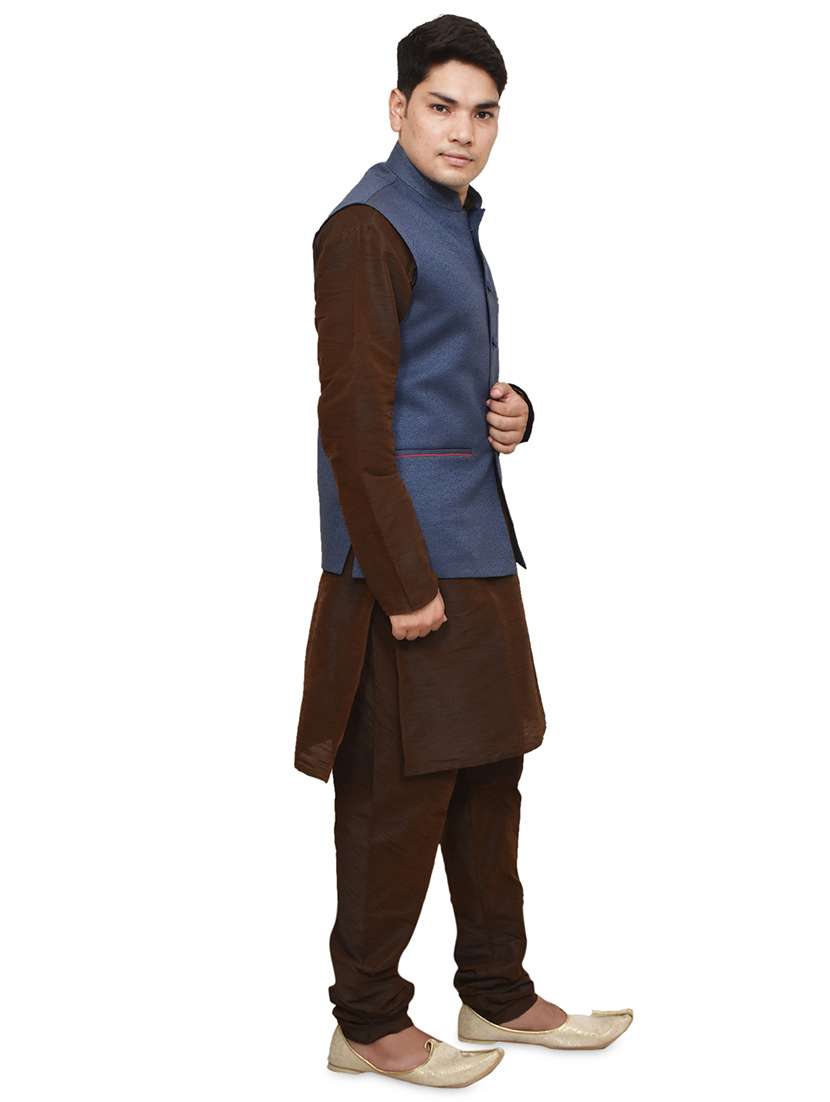 brown silk blend kurta pyjama with jacket ethnic wear set - 19187865 -  Standard Image - 1