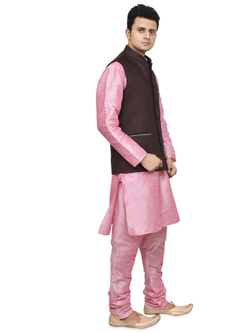 pink silk blend kurta pyjama with jacket ethnic wear set - 19187866 -  Standard Image - 1