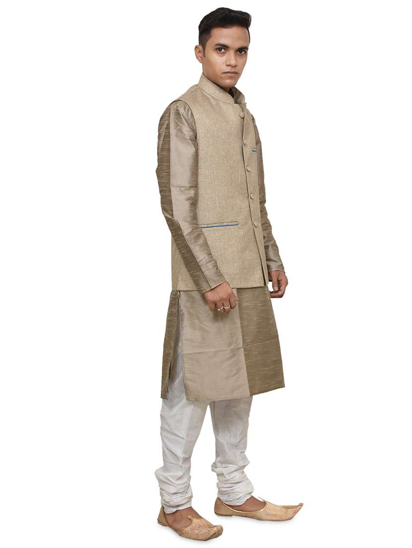 gold silk blend kurta pyjama with jacket ethnic wear set - 19187867 -  Standard Image - 1
