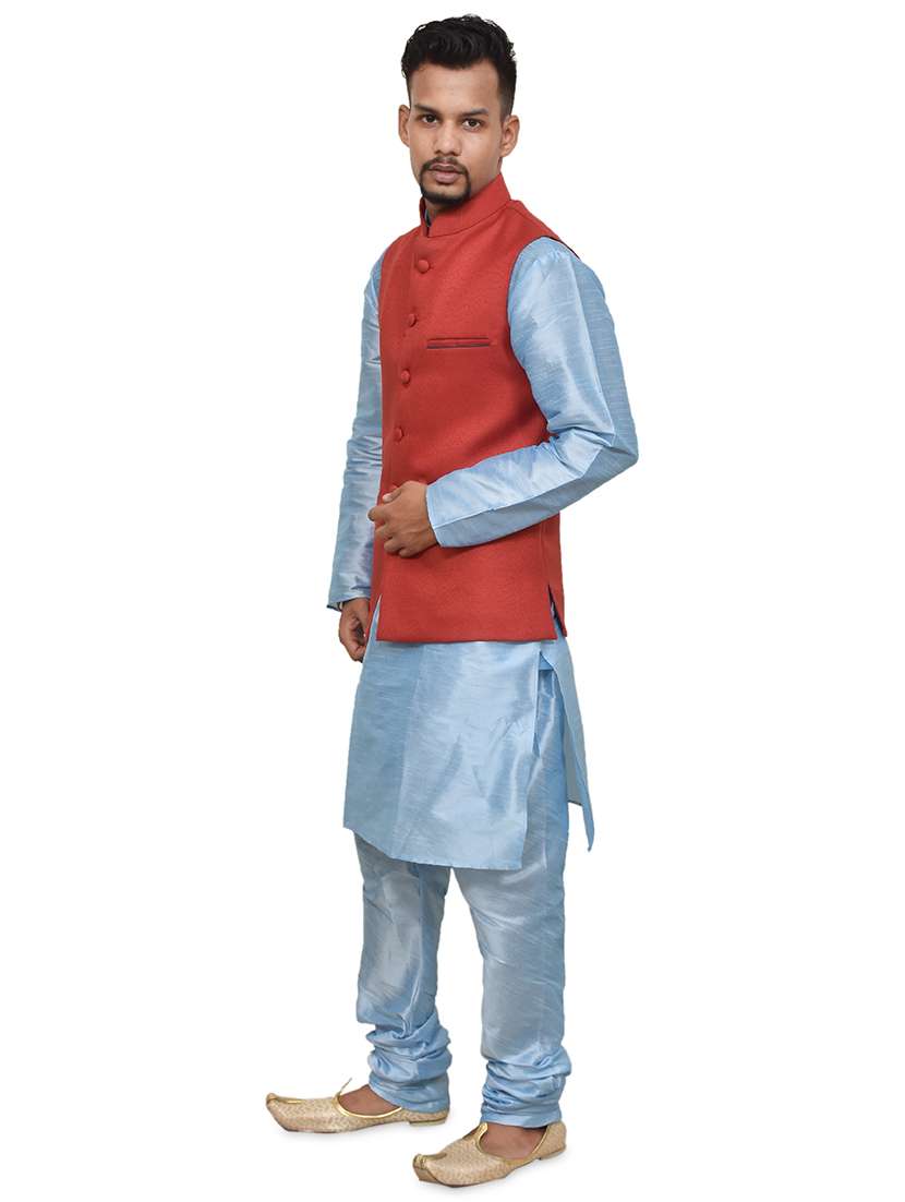blue silk blend kurta pyjama with jacket ethnic wear set - 19187868 -  Standard Image - 1