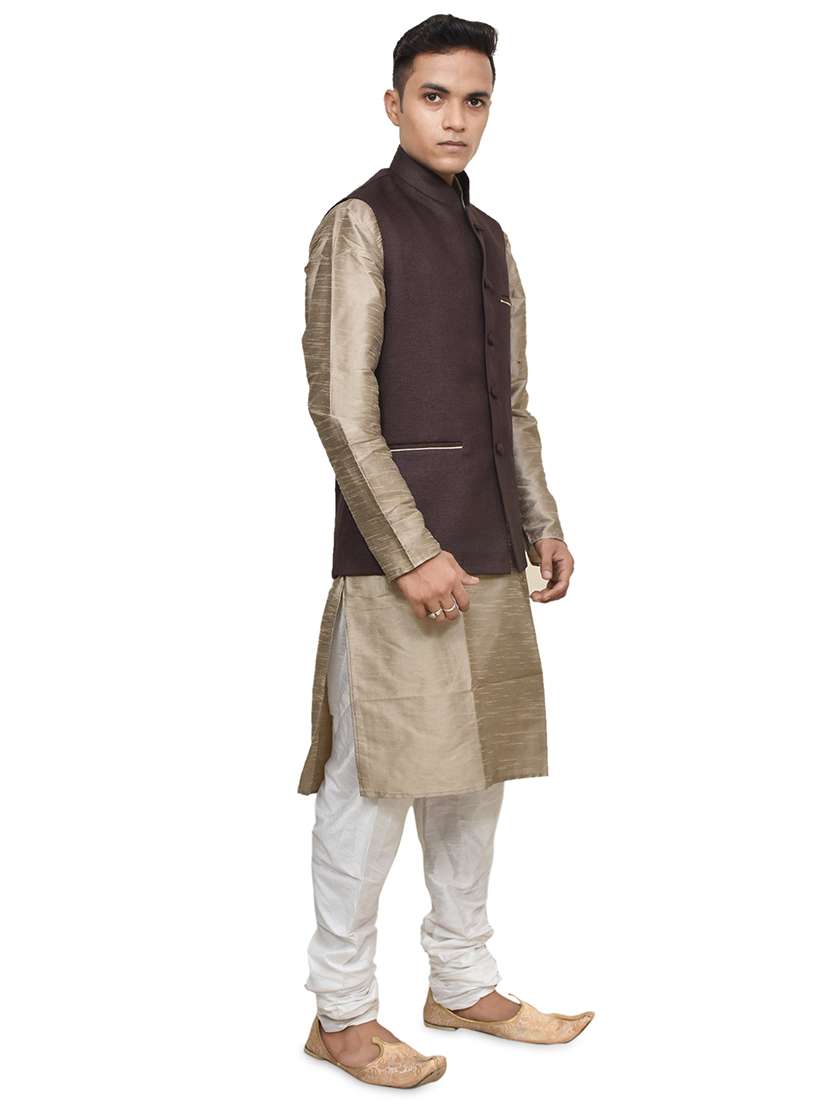 gold silk blend kurta pyjama with jacket ethnic wear set - 19187869 - Standard Image - 1