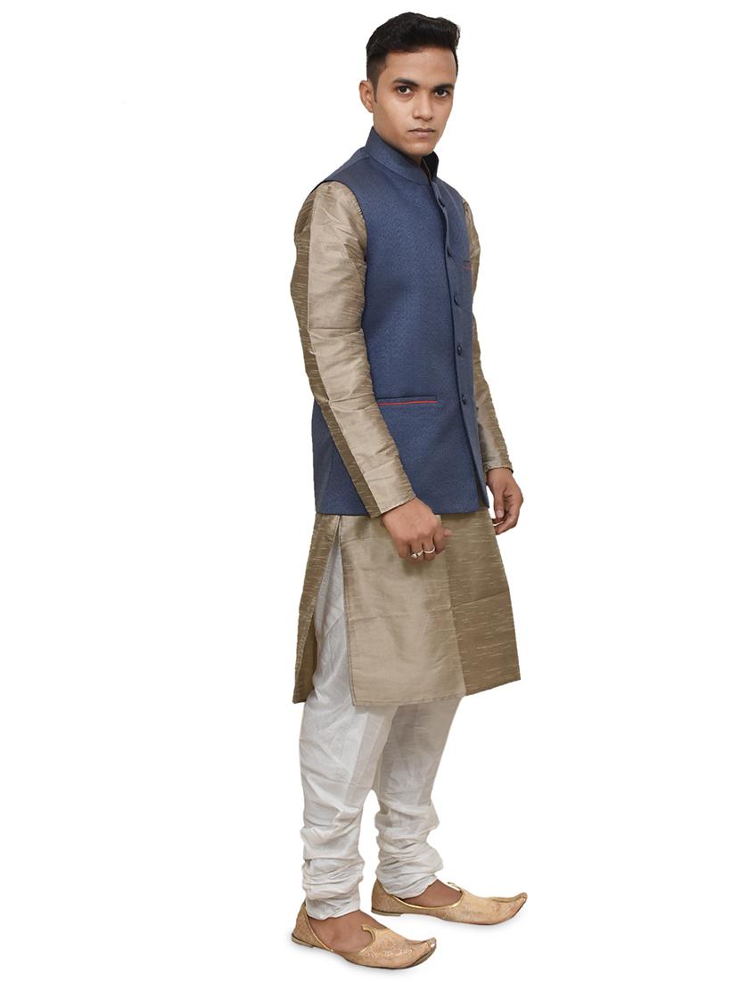 gold silk blend kurta pyjama with jacket ethnic wear set - 19187871 - Standard Image - 1