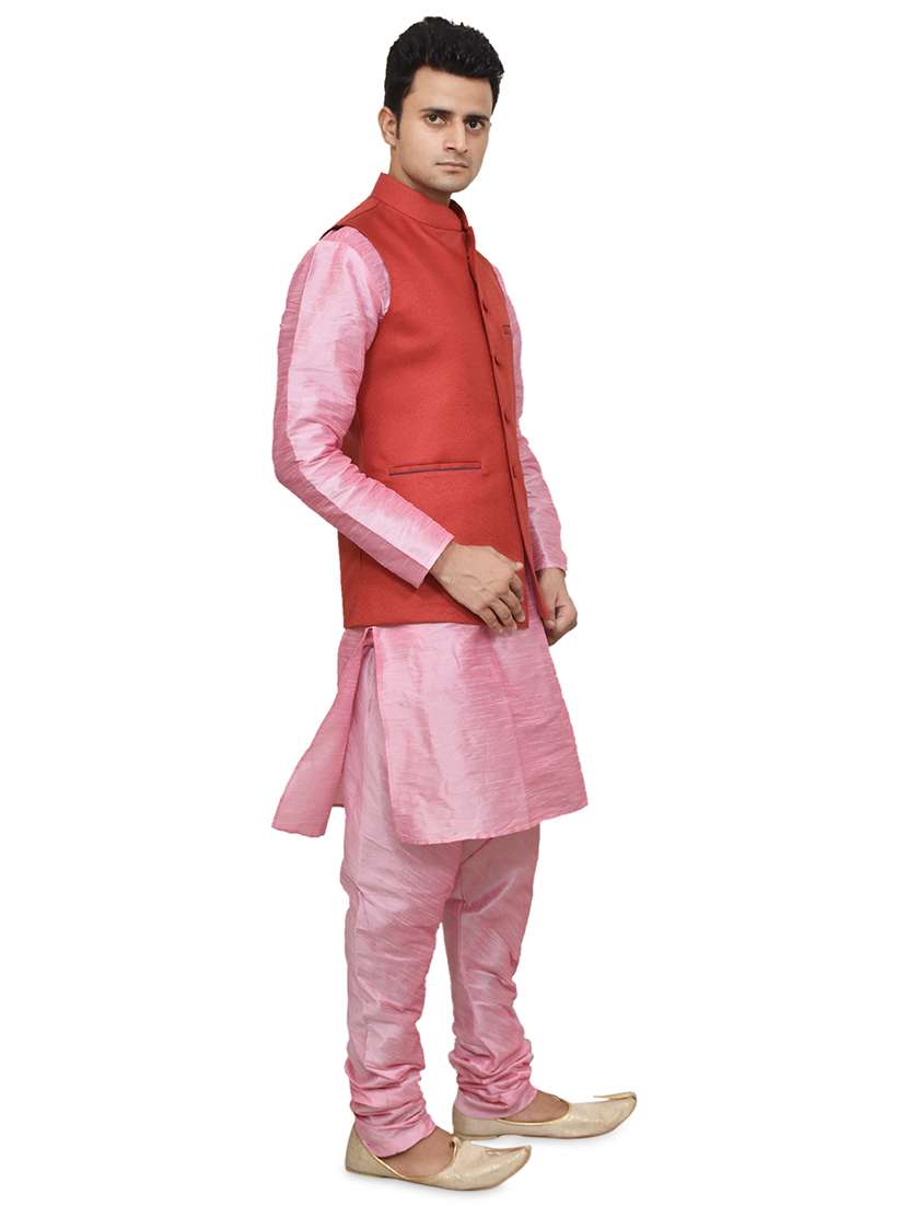 pink silk blend kurta pyjama with jacket ethnic wear set - 19187872 - Standard Image - 1