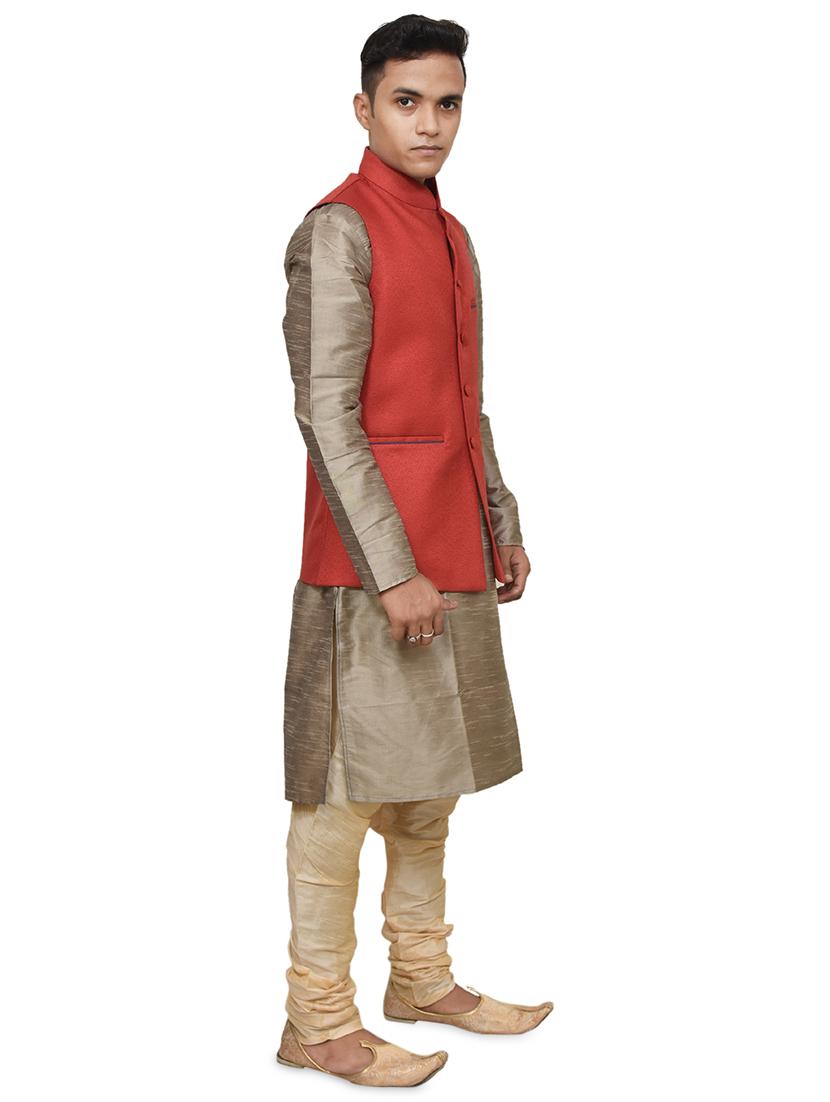 gold silk blend kurta pyjama with jacket ethnic wear set - 19187875 - Standard Image - 1