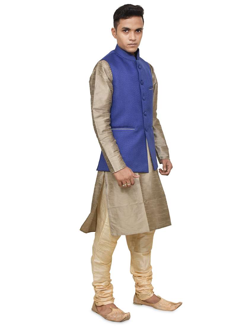 gold silk blend kurta pyjama with jacket ethnic wear set - 19187878 -  Standard Image - 1