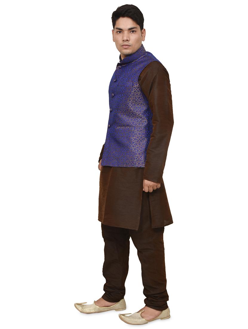 brown silk blend kurta pyjama with jacket ethnic wear set - 19187881 - Standard Image - 1