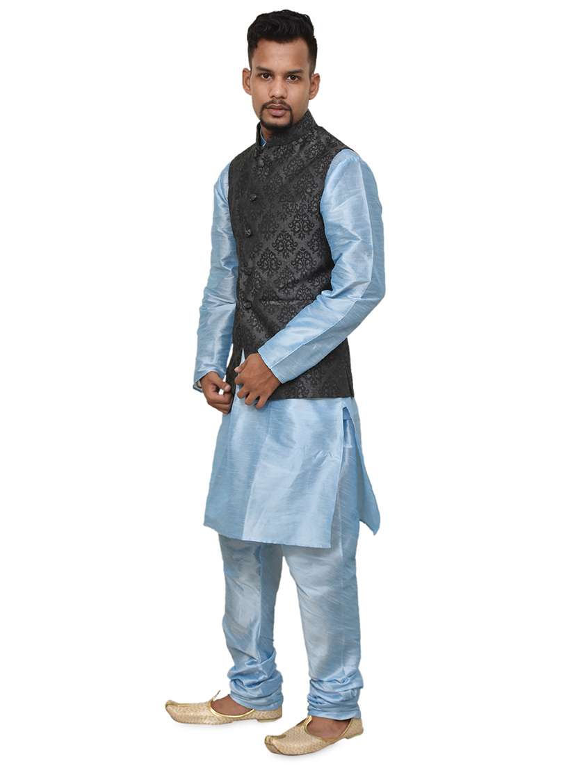blue silk blend kurta pyjama with jacket ethnic wear set - 19187882 -  Standard Image - 1