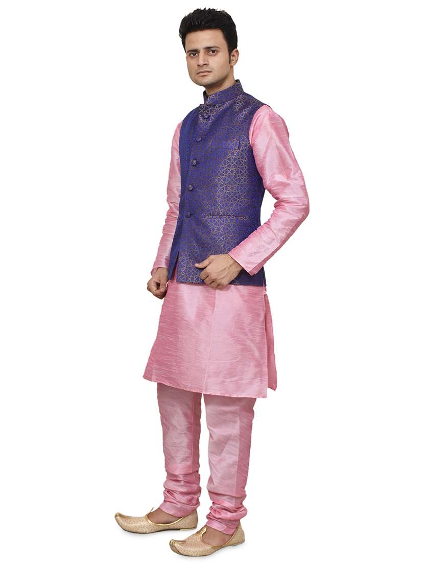 pink silk blend kurta pyjama with jacket ethnic wear set - 19187883 - Standard Image - 1