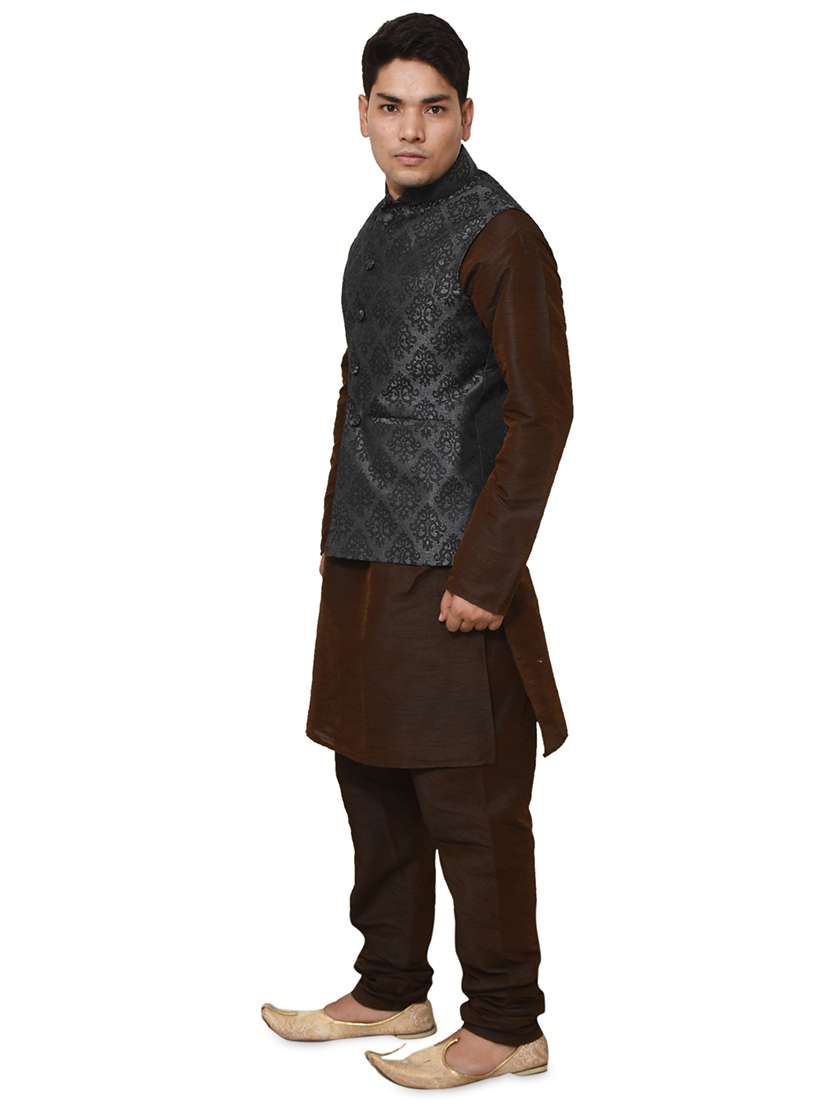 brown silk blend kurta pyjama with jacket ethnic wear set - 19187884 -  Standard Image - 1