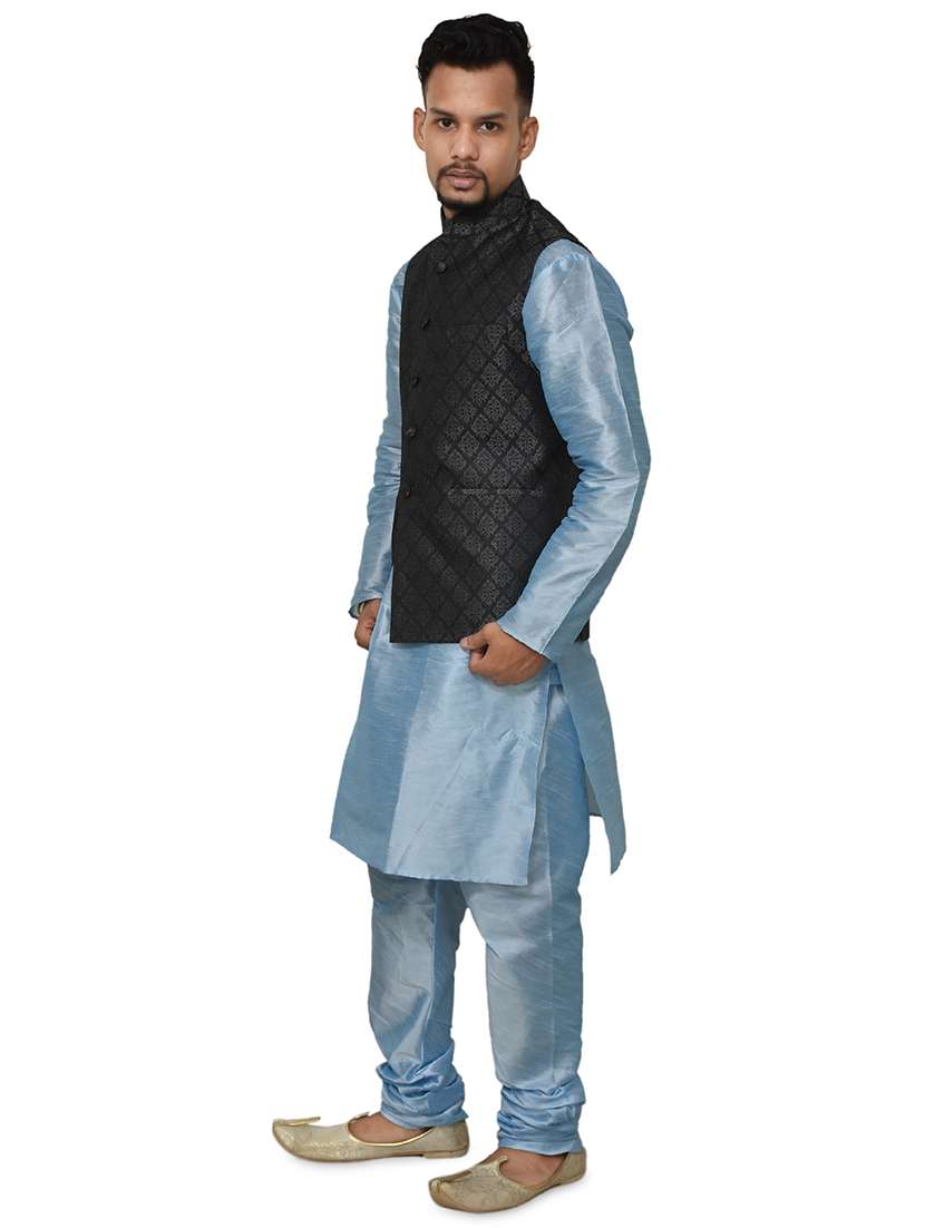 blue silk blend kurta pyjama with jacket ethnic wear set - 19187886 -  Standard Image - 1
