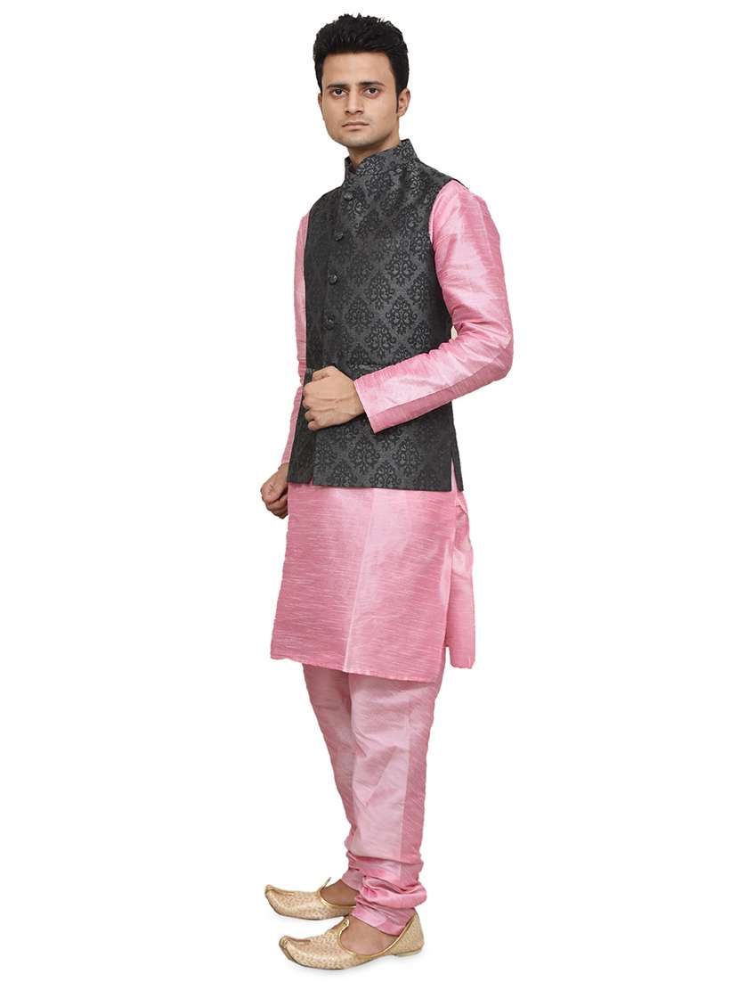 pink silk blend kurta pyjama with jacket ethnic wear set - 19187887 -  Standard Image - 1