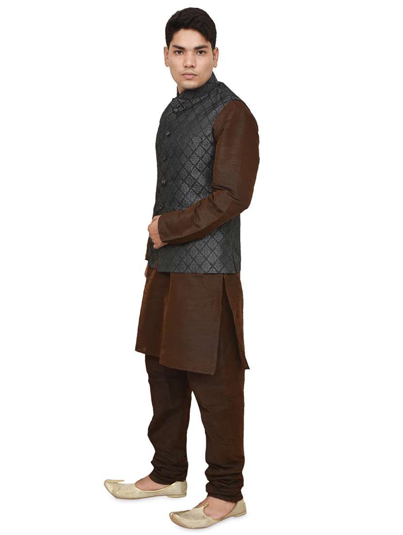 brown silk blend kurta pyjama with jacket ethnic wear set - 19187888 -  Standard Image - 1