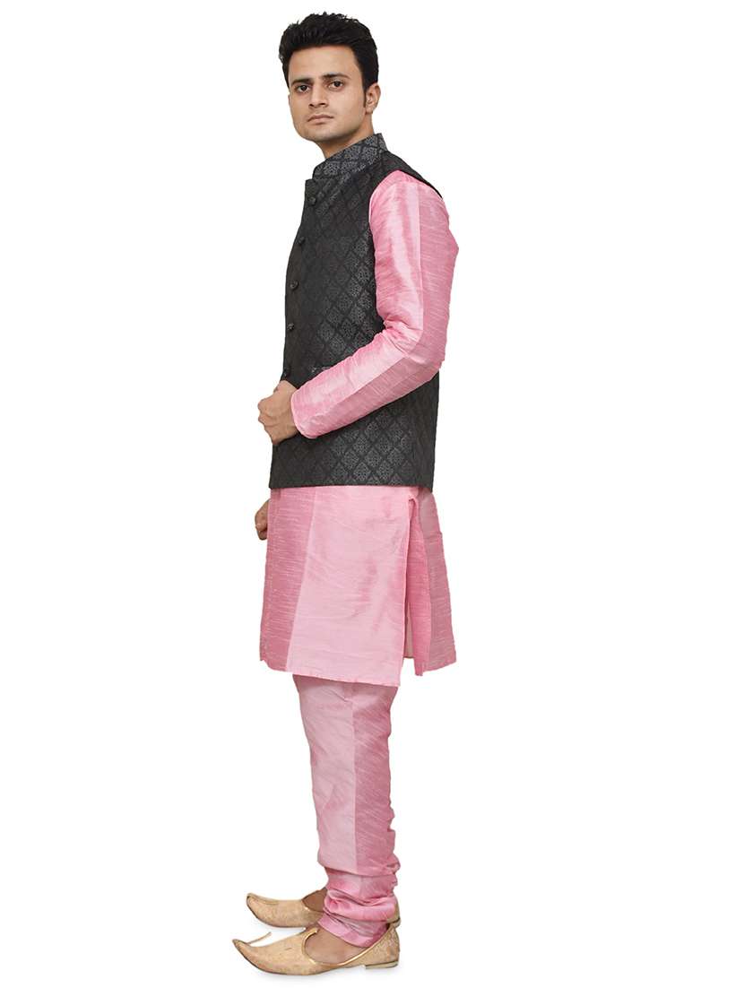 pink silk blend kurta pyjama with jacket ethnic wear set - 19187891 -  Standard Image - 1