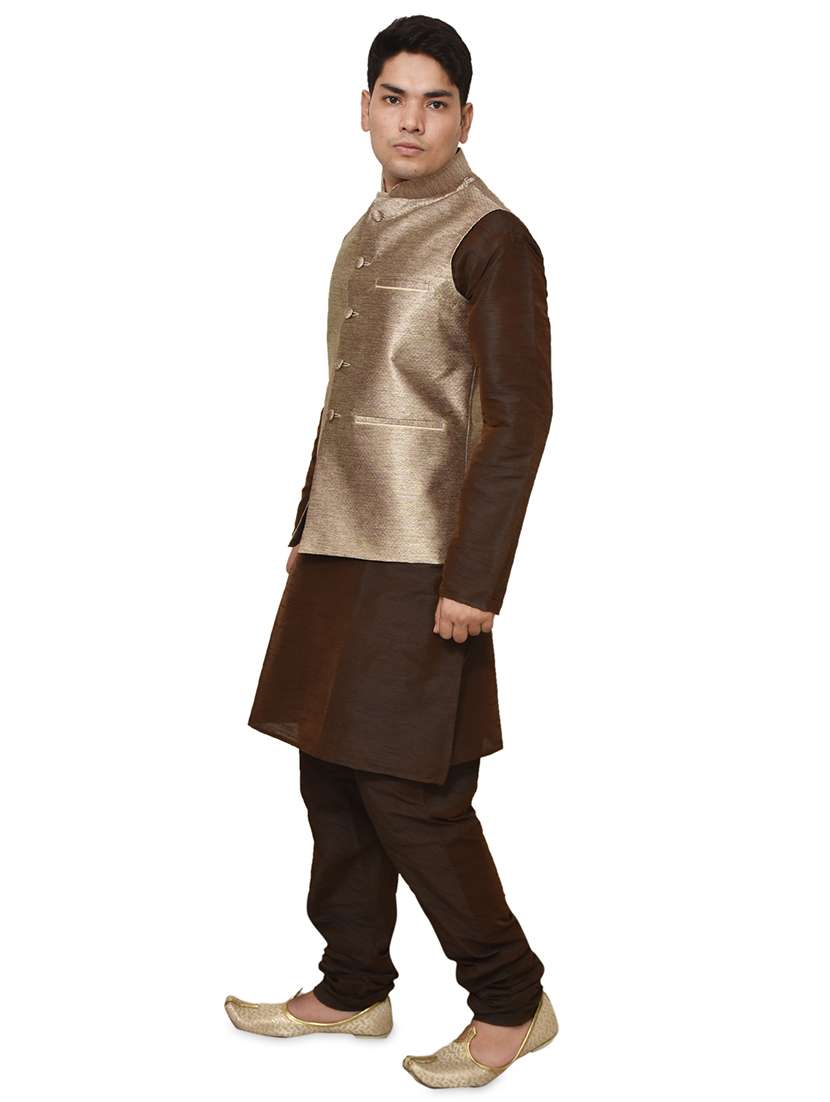 brown silk blend kurta pyjama with jacket ethnic wear set - 19187892 -  Standard Image - 1