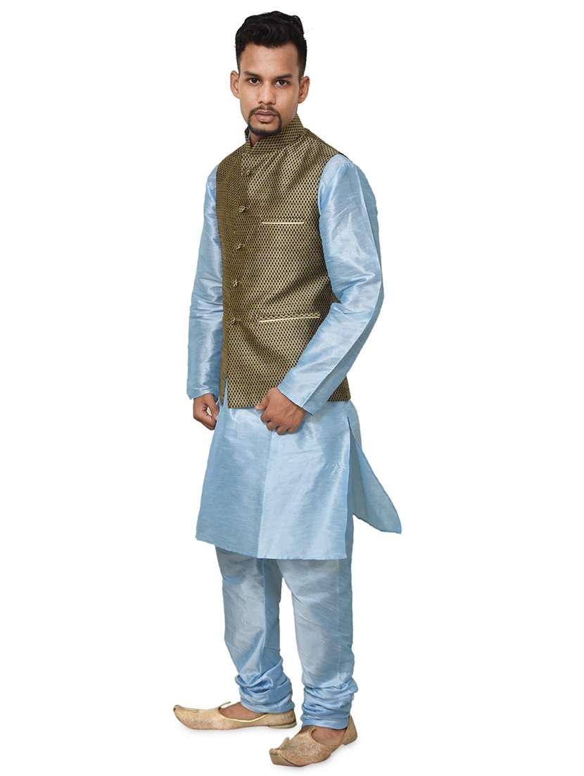 blue silk blend kurta pyjama with jacket ethnic wear set - 19187893 -  Standard Image - 1