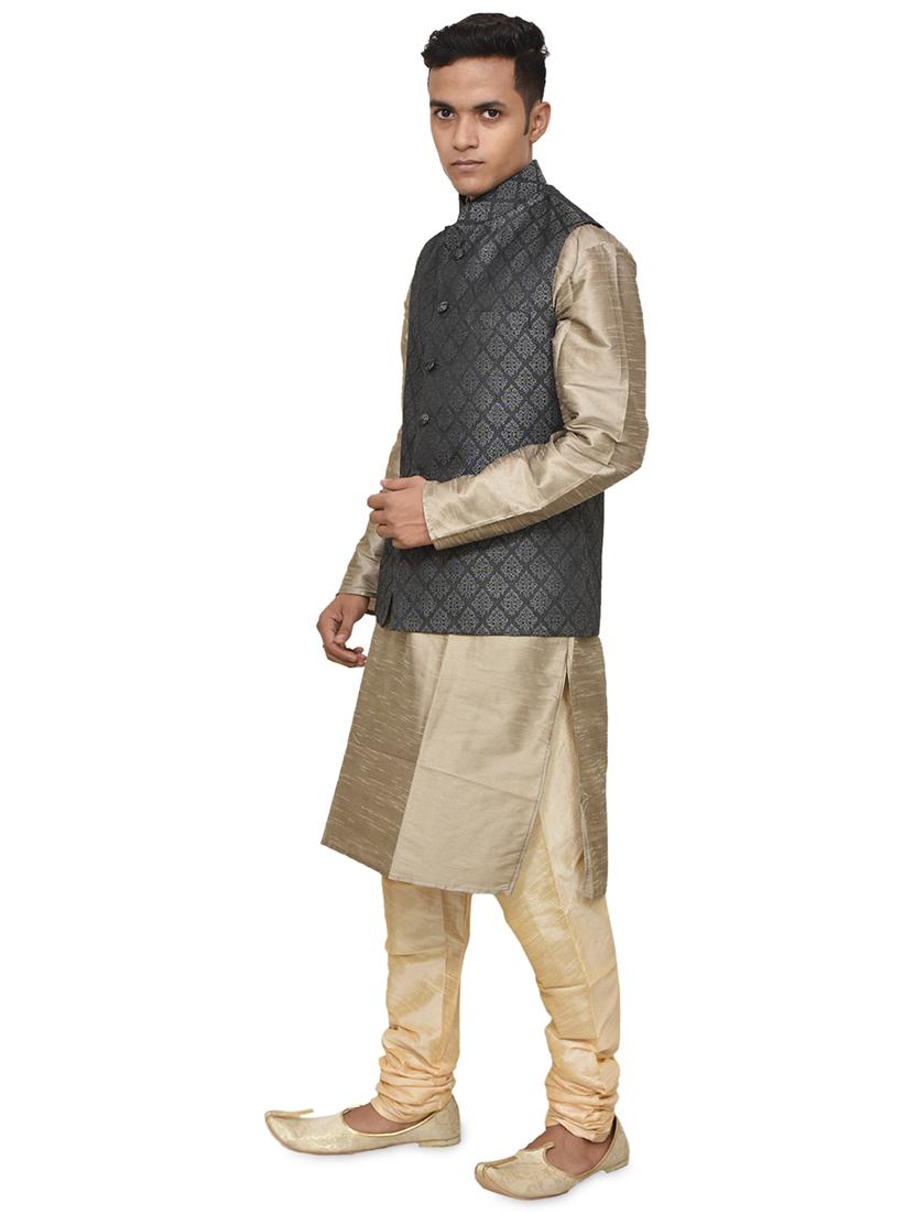 gold silk blend kurta pyjama with jacket ethnic wear set - 19187894 - Standard Image - 1