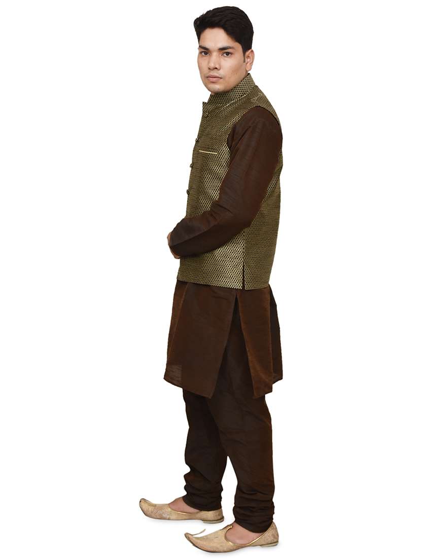 brown silk blend kurta pyjama with jacket ethnic wear set - 19187896 -  Standard Image - 1