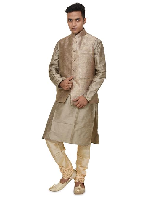 gold silk blend kurta pyjama with jacket ethnic wear set - 19187898 - Standard Image - 0