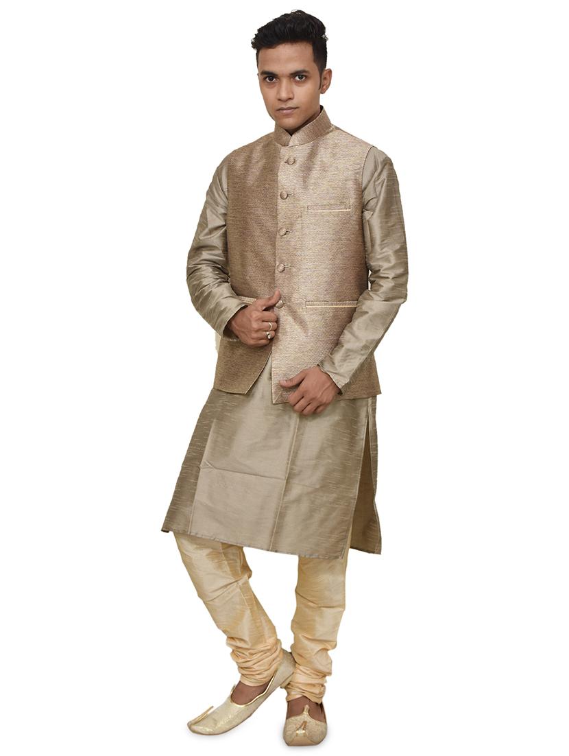 gold silk blend kurta pyjama with jacket ethnic wear set - 19187898 - Zoom Image - 0