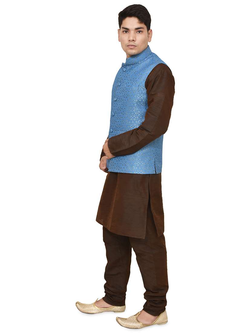brown silk blend kurta pyjama with jacket ethnic wear set - 19187900 -  Standard Image - 1
