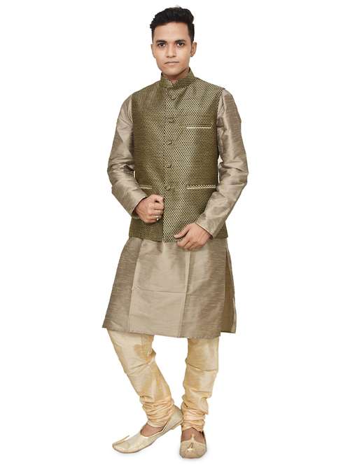 gold silk blend kurta pyjama with jacket ethnic wear set - 19187901 -  Standard Image - 0