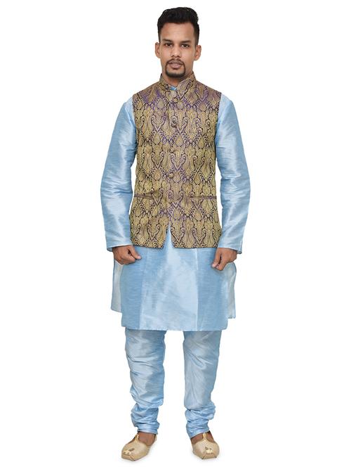 blue silk blend kurta pyjama with jacket ethnic wear set - 19187902 - Standard Image - 0