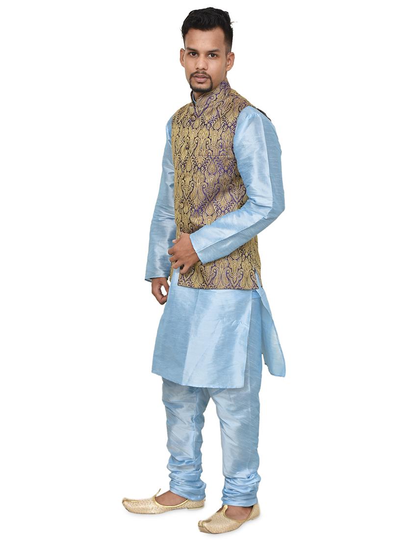 blue silk blend kurta pyjama with jacket ethnic wear set - 19187902 - Standard Image - 1