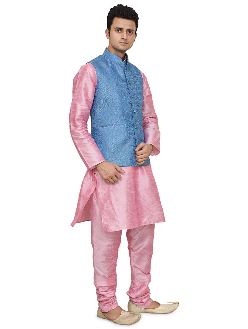 pink silk blend kurta pyjama with jacket ethnic wear set - 19187903 -  Standard Image - 1